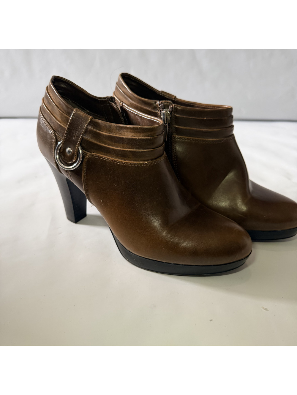 Women's Brown Leather Ankle Booties with Side Zipper and Decorative Buckle